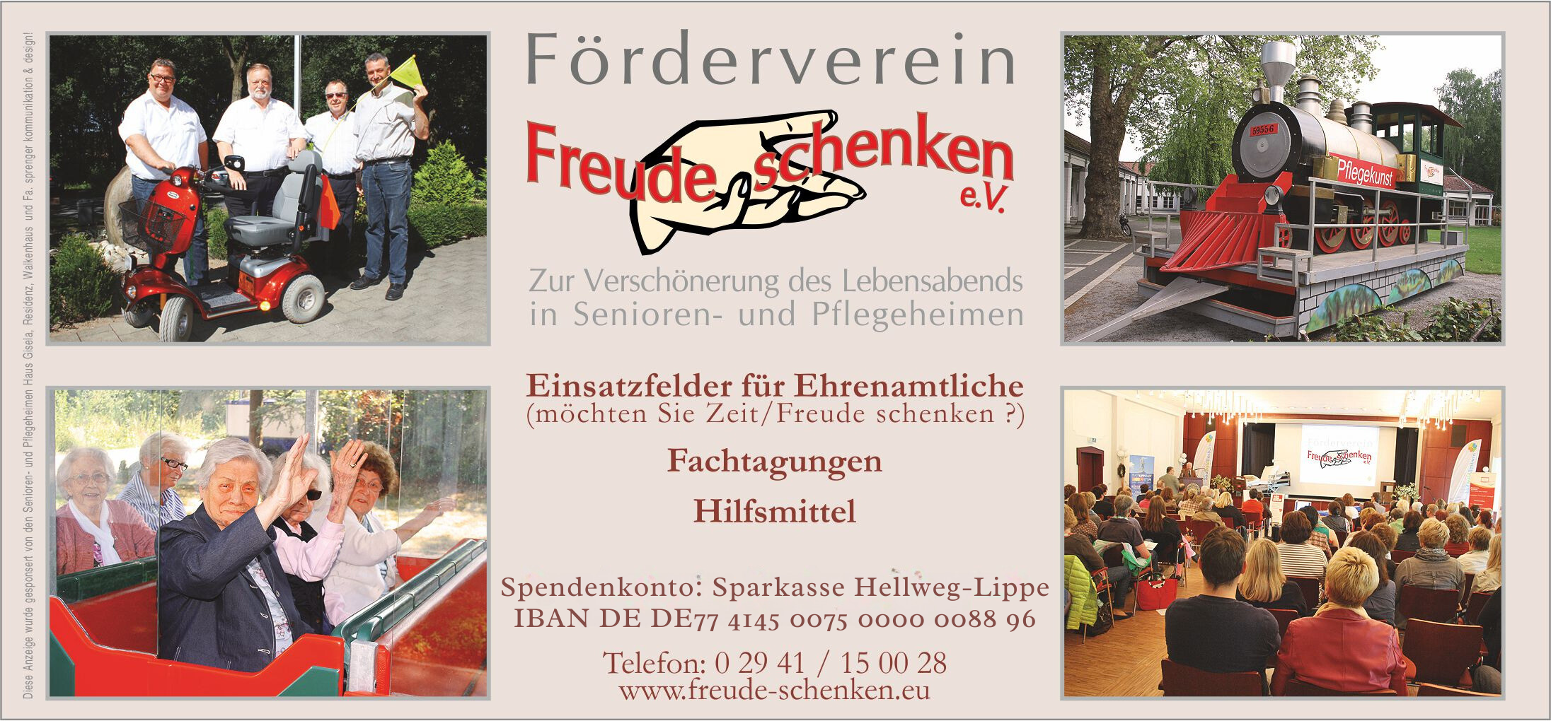 Der Förderverein Freude-schenken zeigt Abbildungen von 4 Einsatzfeldern für Ehrenamtliche